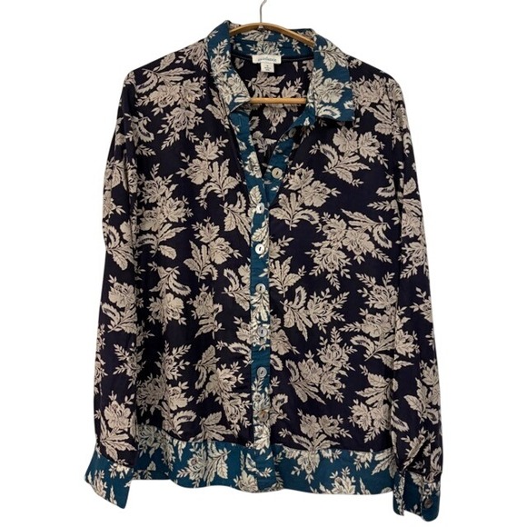 Sundance Tops - Sundance Floral Print Button Up Shirt Navy Blue Size Small Contrast Trim Boho